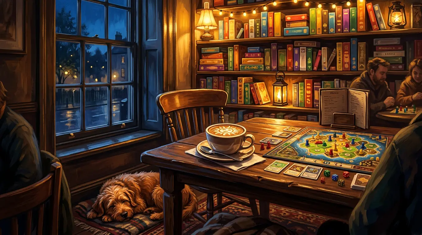 Painterly illustration of the café at dusk — coffee, board games and a dog under the table