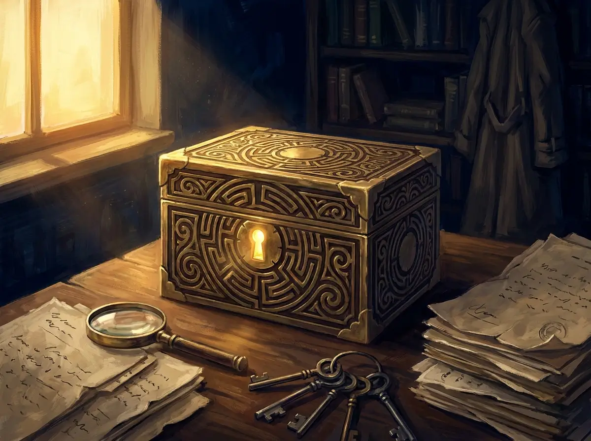 Painterly illustration of an ornate brass puzzle box with a glowing golden keyhole