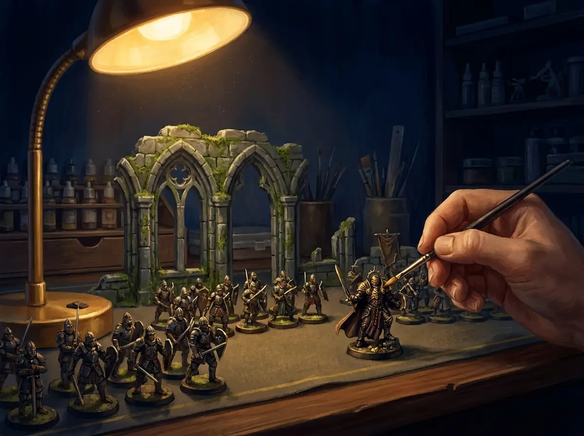 Painterly illustration of a miniature wargaming battlefield under lamplight