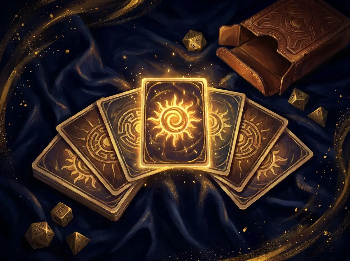 Painterly illustration of glowing fantasy trading cards fanned on navy velvet